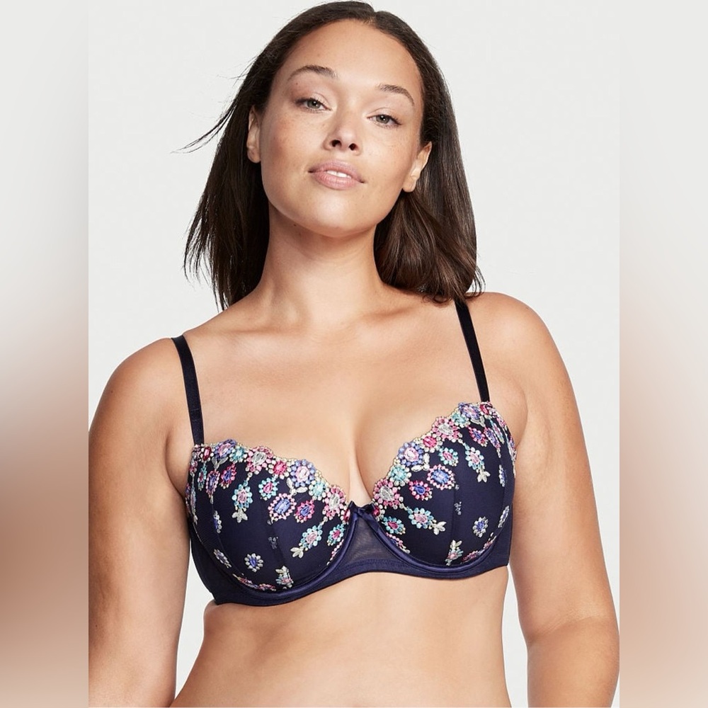 Victoria's Secret Dream Angels Noir Navy Embroidery Lightly Lined Demi Bra 34DD